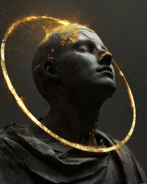 Mesmerizing depiction of a god statue with a gold halo divine glitch allure of glitch aesthetics blending the sacred and modern in a unique and surreal artistic expression