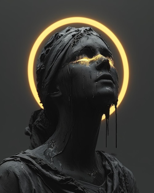 Mesmerizing depiction of a god statue with a gold halo divine glitch allure of glitch aesthetics blending the sacred and modern in a unique and surreal artistic expression