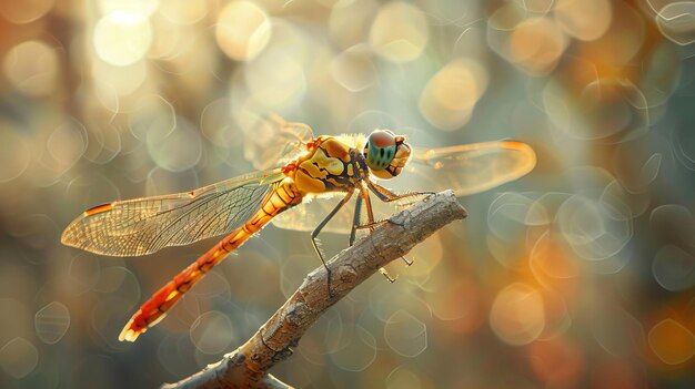 The mesmerizing detail of a dragonfly perched on a branch AI generated illustration