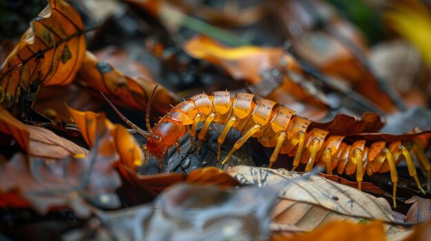 Photo the mesmerizing details of a centipede crawling through leaves ai generated illustration