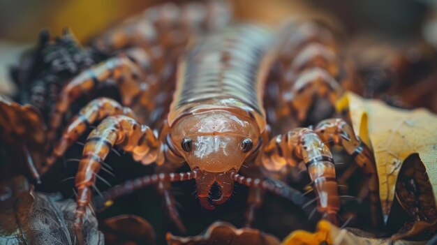 Photo the mesmerizing details of a centipede crawling through leaves ai generated illustration