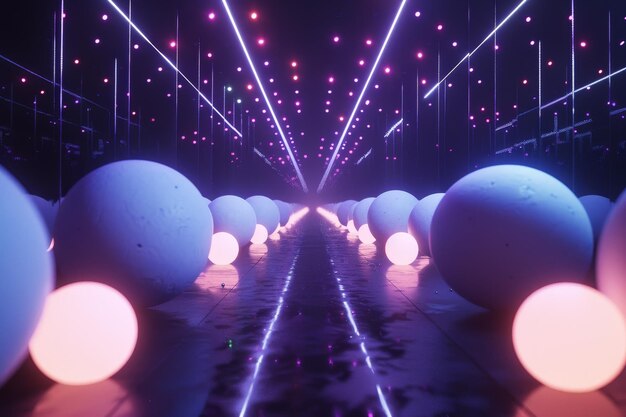 a mesmerizing display of glowing orbs pulsating in sync along a neonlit pathway glowing orbs pulsating in synchronization with unseen algorithms