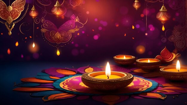 A mesmerizing diwali background design with diya lamp and colorful patterns