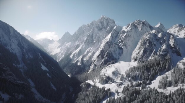 魅惑的なドローン映像は、AI によって生成された、起伏のある山々や渓谷が自然のままの白い層で覆われ、雪に覆われた山脈の雄大さを捉えています。