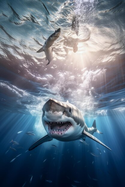 Photo mesmerizing encounter capturing a majestic big white shark in pristine underwater splendor 5k res