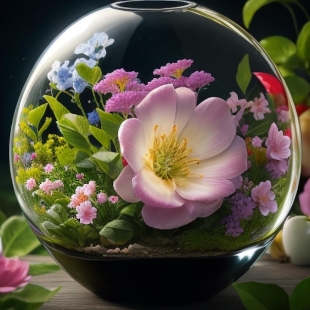 A mesmerizing glass sphere brimming with a colorful bouquet of flowers