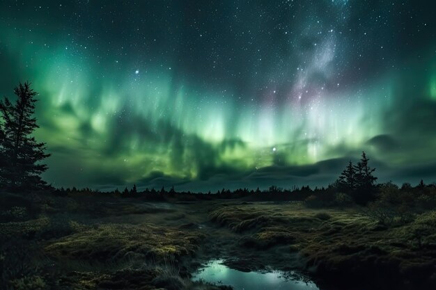 Mesmerizing green and purple aurora borealis in the night sky generative ai