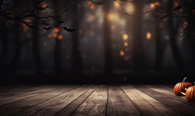 A mesmerizing Halloween scene Spooky forest ambiance with jacko'lanterns bats in the night sky and a mysterious atmosphere Created with generative AI tools