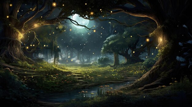 사진 매혹적인 피난처, 달빛의 나무, 마법의 매력, 마법 같은 매력, 야간의 빛, 인공지능에 의해 생성된