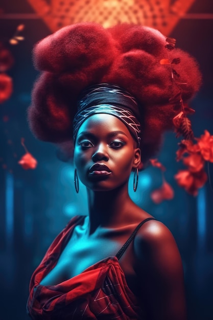 Mesmerizing image of an African lady in a turban surrounded by floating blossoms under warm