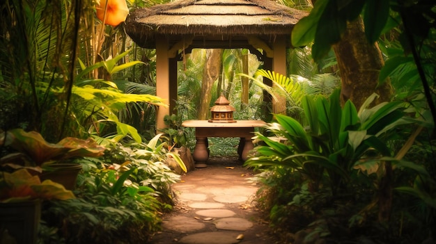 A mesmerizing image of a cozy meditation nook surrounded by lush greenery for a restorative summer retreat