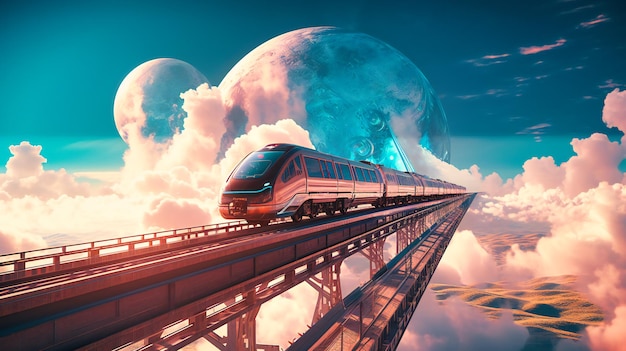 列車が雲の間を難なくホバリングしている未来的なプラットフォームの魅惑的なイメージ