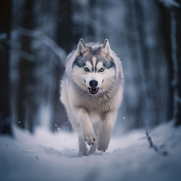 A mesmerizing image of a husky running through a snowy forest its fur trailing behind like a snowy