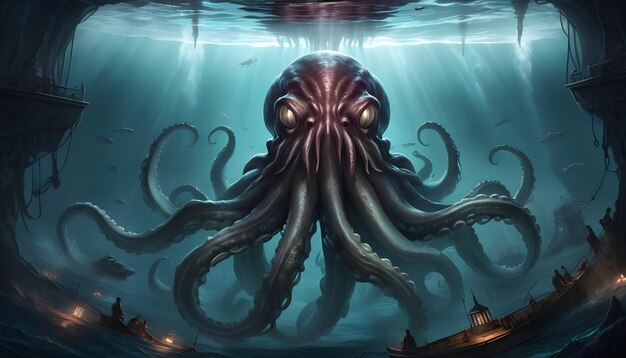 a mesmerizing image of the Kraken lurking beneath the surface