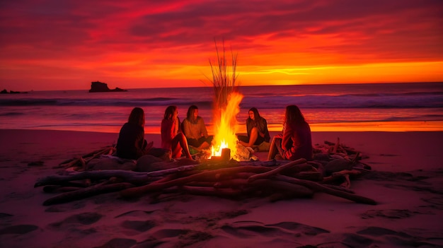 A mesmerizing image of a sophisticated beach bonfire set against the canvas of a breathtaking summer sunset evoking a sense of warmth and togetherness