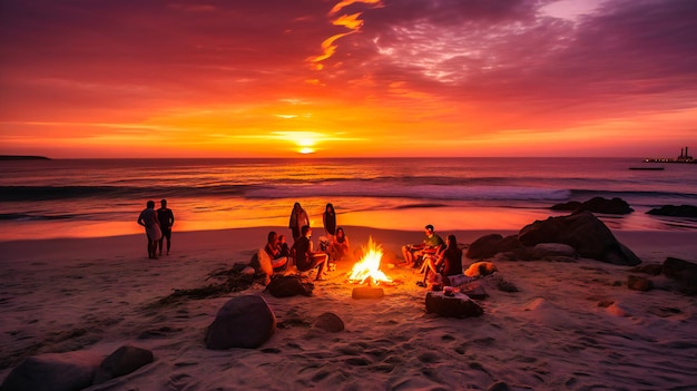 暖かさと一体感を呼び起こす息をのむような夏の夕日のキャンバスに設定された洗練されたビーチのたき火の魅惑的なイメージ