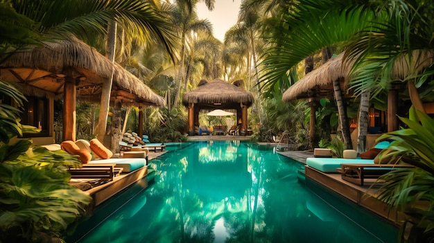 A mesmerizing image of a sumptuous poolside lounge area blending contemporary design with lush tropical surroundings for the ultimate summer retreat