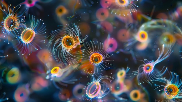 A mesmerizing image of a swarm of plankton each with its unique shape and color resembling a