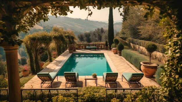 A mesmerizing image of a villa rental39s alluring poolside area blending modern amenities with the enchanting backdrop of a sprawling vineyard