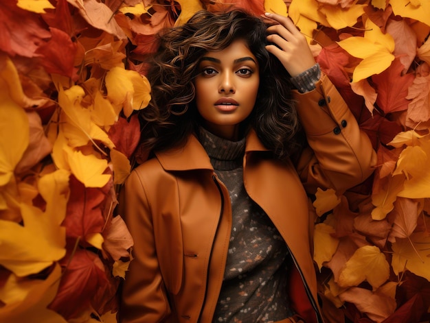 Mesmerizing indian model in fall fashion surrounded by autumn leaves celebrating seasonal trends f