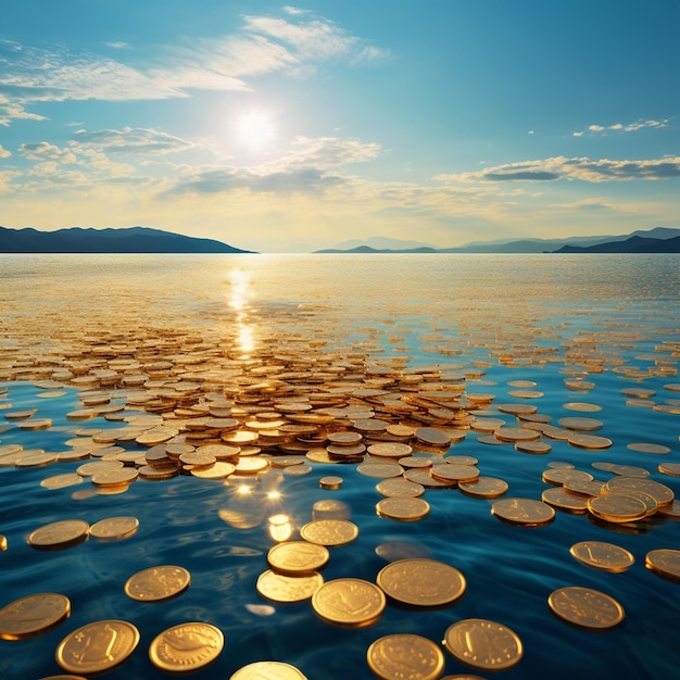 Mesmerizing landscape of gleaming golden coin islands against a serene blue background