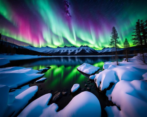 Photo a mesmerizing landscape at night northern lights