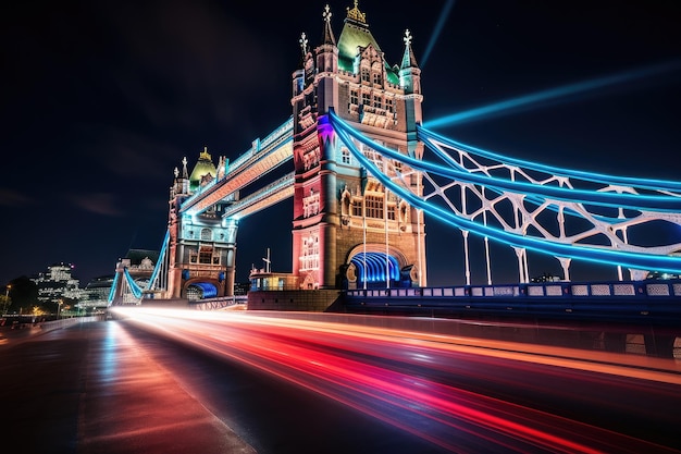 A mesmerizing long exposure shot capturing the serenity of Londons iconic Tower Bridge illuminated at night UK London Tower Bridge at night AI Generated