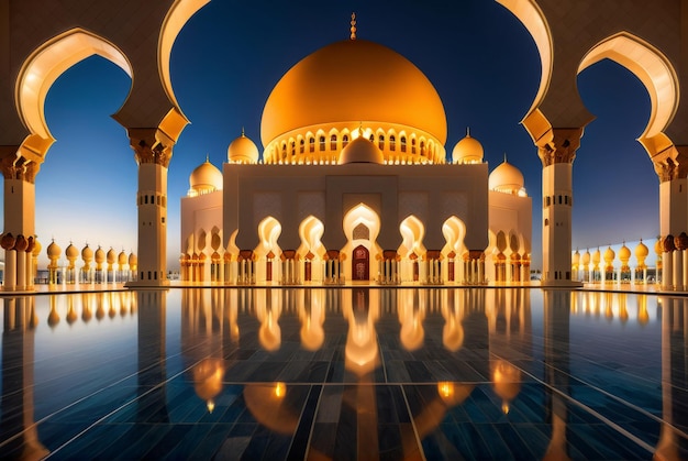 Mesmerizing lowangle shot showcases intricate details of Abu Dhabi mosque with glowing lights