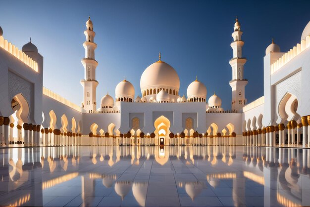 Mesmerizing lowangle shot showcases intricate details of Abu Dhabi mosque with glowing lights