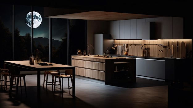 A mesmerizing midnight scene in a modern kitchen bathed in soft moonlight