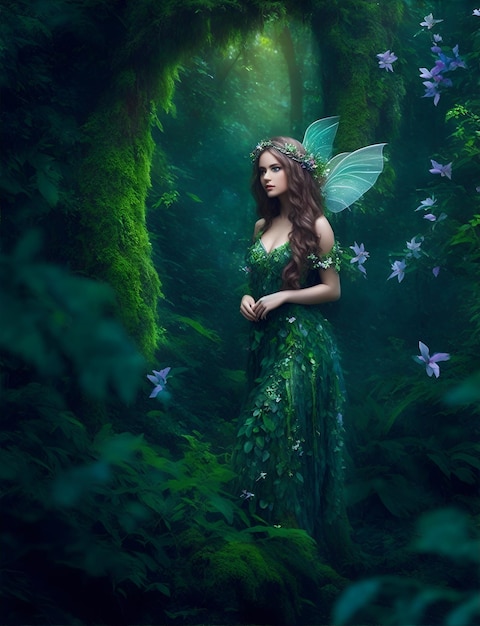 A mesmerizing model appearing as an ethereal nymph surrounded by lush foliage and magical creatures