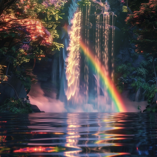 Завораживающий природный водопад красивое отражение радуги в воде в лесу