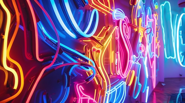 Foto impressionante installazione di luci al neon con forme astratte intrecciate e colori vivaci che offrono un'esperienza visiva affascinante