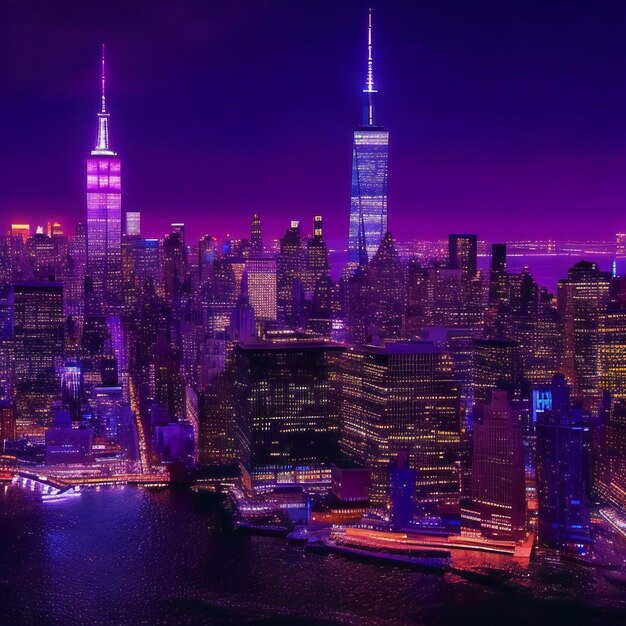 A mesmerizing night scene featuring the iconic manhattan midtown skyline of new york city