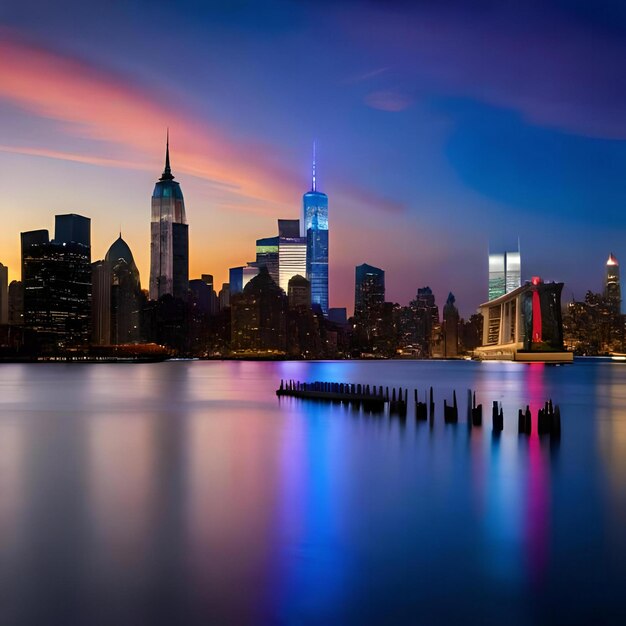 A mesmerizing night scene featuring the iconic Manhattan Midtown skyline of New York City