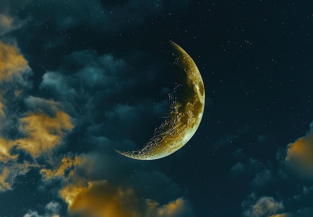Фото Завораживающее ночное небо полумесяц освещенный среди звезд и облаков символ спокойствия и таинственной вселенной