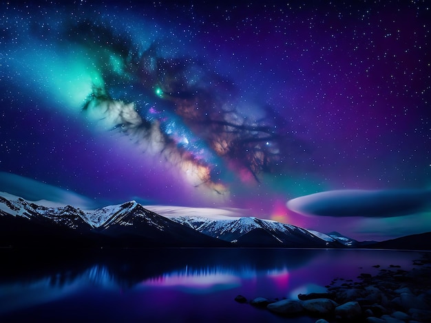 A mesmerizing night sky filled with stars the milky way and a shimmering aurora borealis