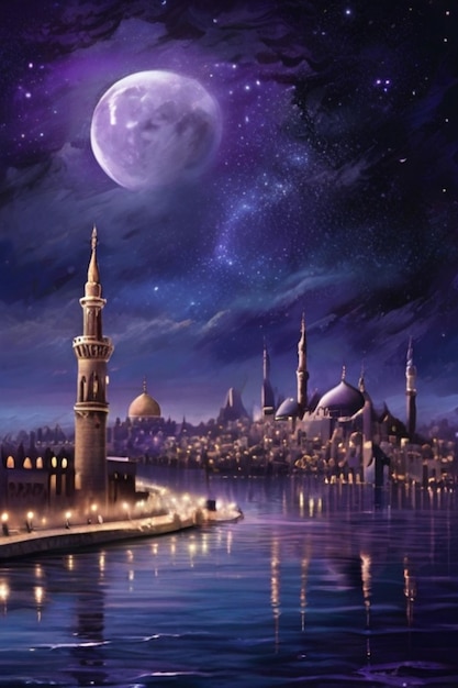 Mesmerizing Night Sky Ramadan Crescent Reflecting in Water Amidst Urban Landscape