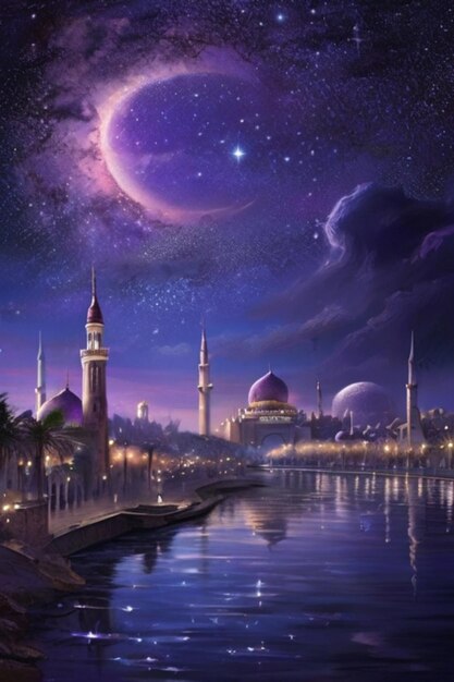 Mesmerizing Night Sky Ramadan Crescent Reflecting in Water Amidst Urban Landscape