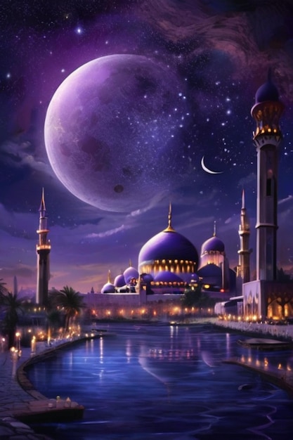 Mesmerizing Night Sky Ramadan Crescent Reflecting in Water Amidst Urban Landscape