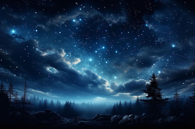 A mesmerizing painting of a night sky full of stars with a forest in the foreground