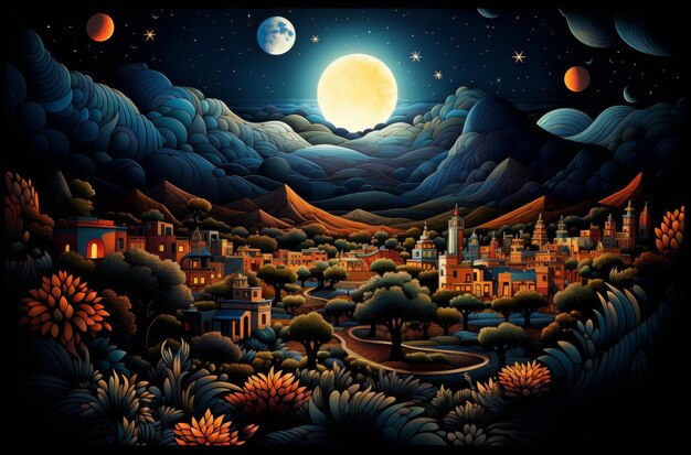 A mesmerizing painting showcasing a serene night scene illuminated by a radiant full moon