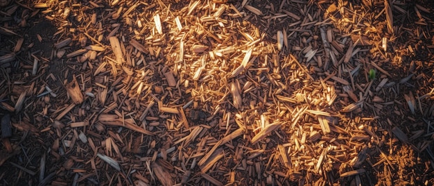 A mesmerizing pattern of sunlit goldenhued wood chips on the forest floor