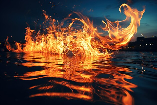 Foto ipnotizzanti modelli di danza del fuoco sulla superficie dell'acqua