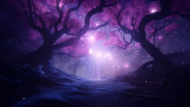 A mesmerizing purple forest under a starry sky