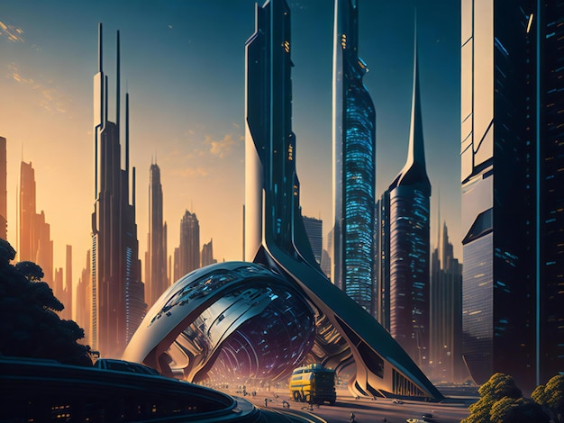 A mesmerizing scene depicting a futuristic cityscape characterized by sleek skyscrapers