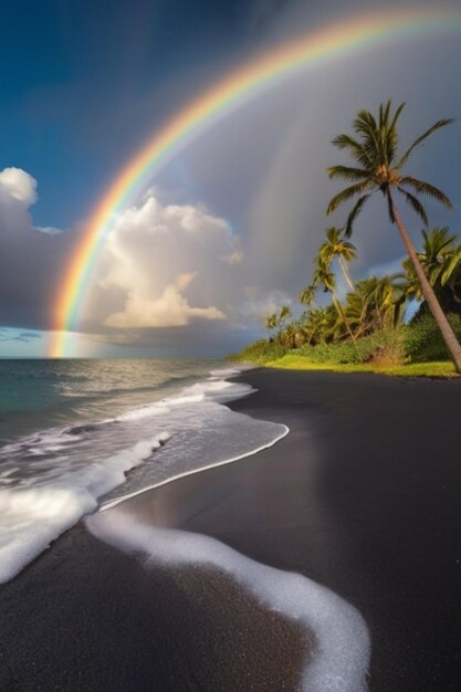 Foto scena affascinante arcobaleno luminoso sopra il mare scintillante nuvole brillanti sulla spiaggia di sabbia nera con palme