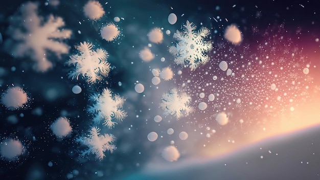 A mesmerizing scene of snowflakes drifting in the wind with soft colors