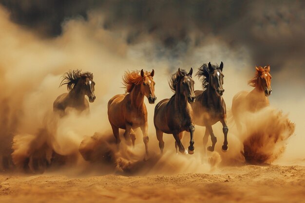 A mesmerizing scene of wild horses kicking up clou generative ai