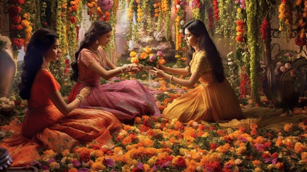 A mesmerizing scene of women adorning themselves with beautiful flowers as they prepare for the Teej